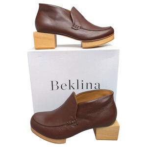 Beklina Matisse Wooden Platform Pebbled Leather Bootie Castagna Brown 11 NEW